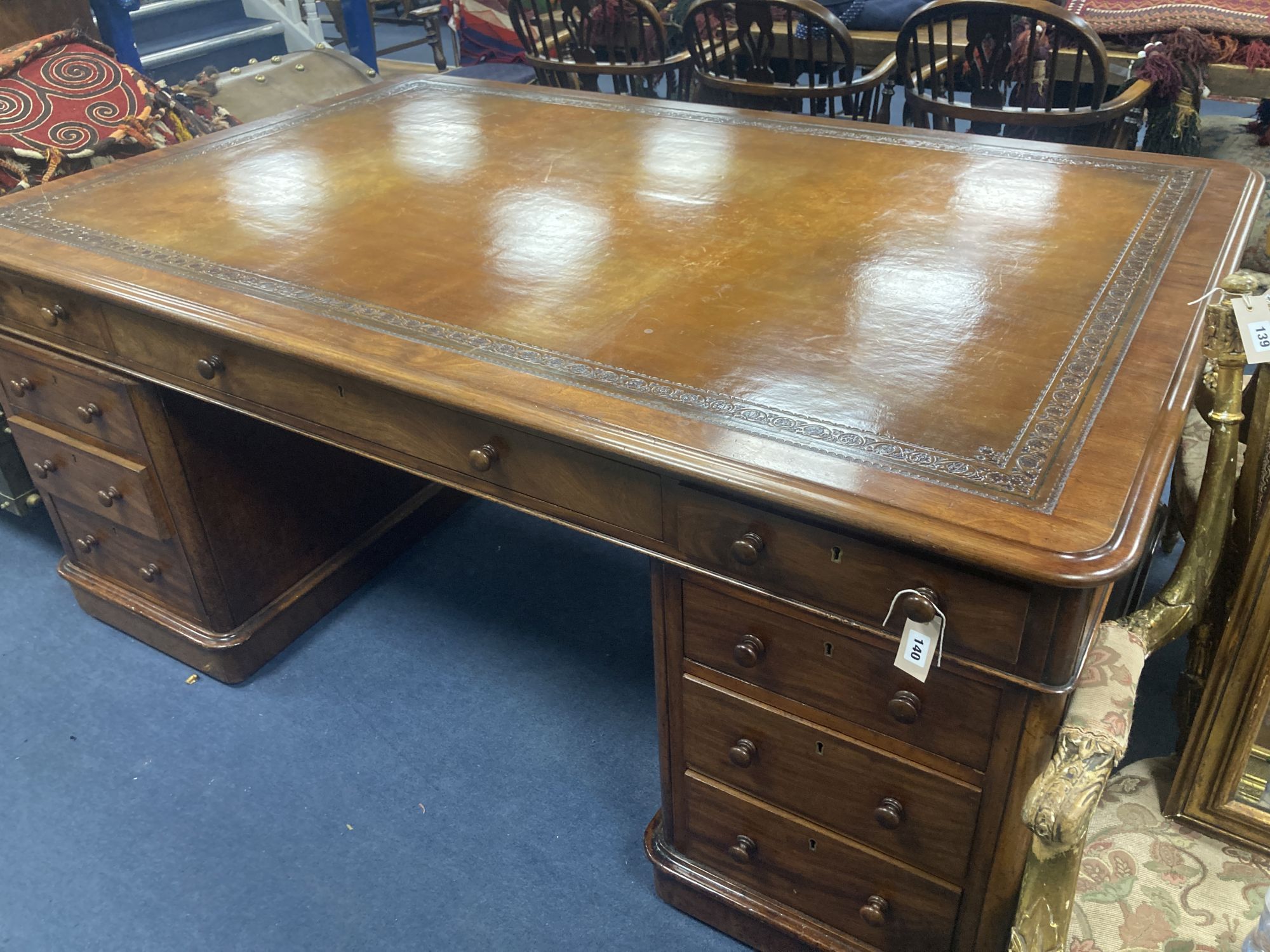 A Victorian mahogany pedestal partners desk, length 182cm, depth 120cm, height 78cm